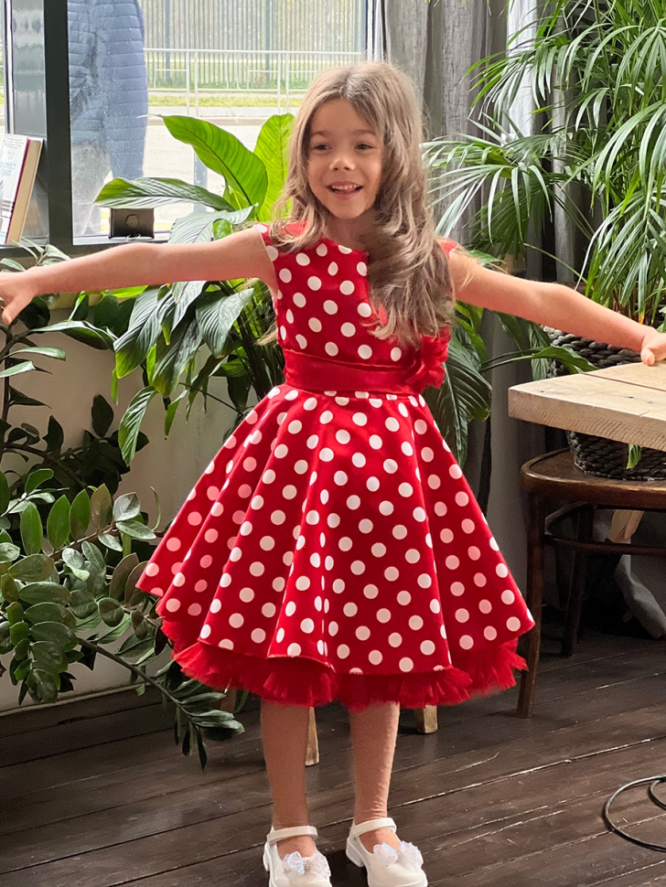 Платье для девочки нарядное БУШОН ST10, стиляги цвет красный, красный пояс, принт горошек 