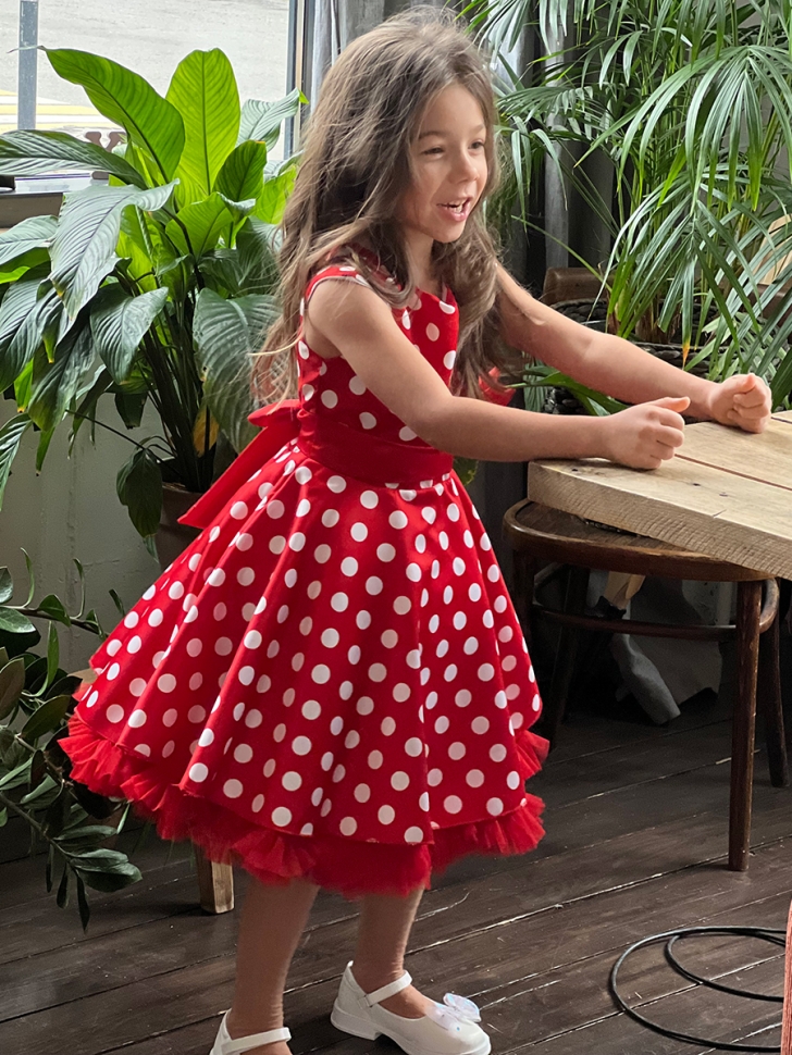 Платье для девочки нарядное БУШОН ST10, стиляги цвет красный, красный пояс, принт горошек 