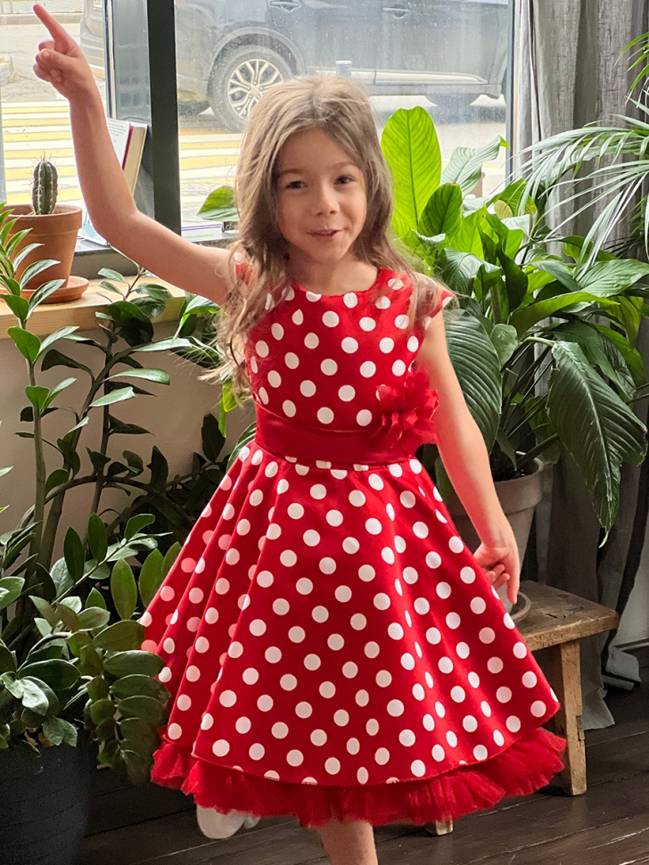 Платье для девочки нарядное БУШОН ST10, стиляги цвет красный, красный пояс, принт горошек 