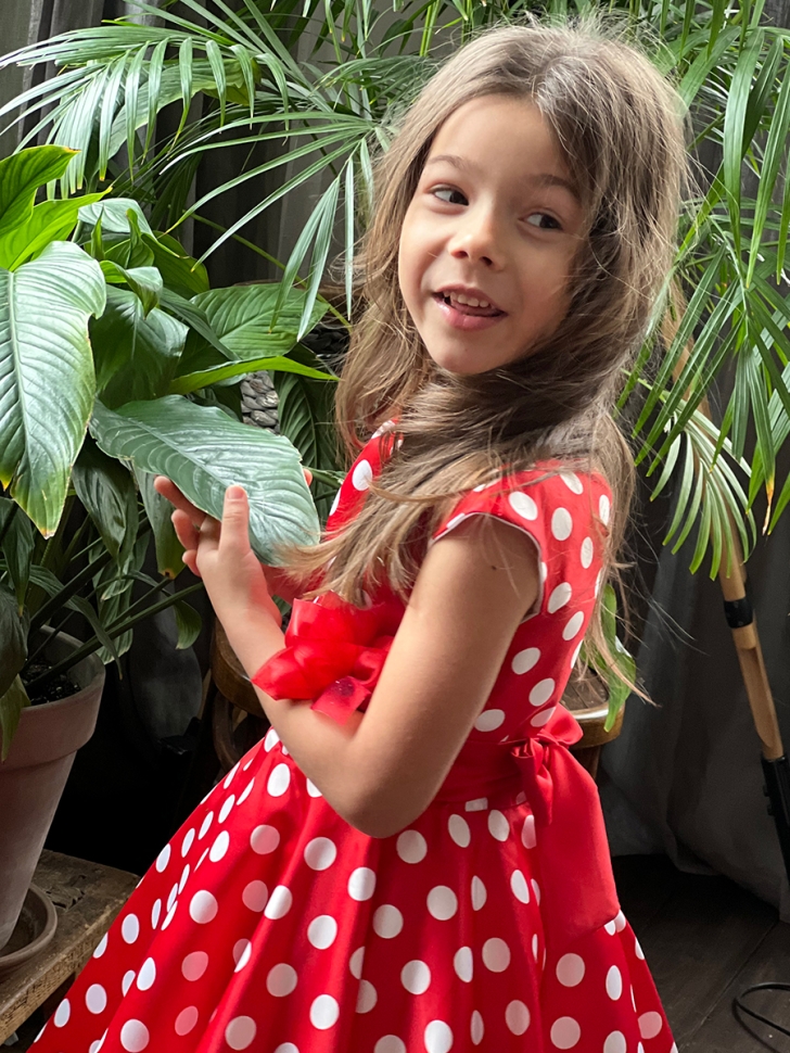 Платье для девочки нарядное БУШОН ST10, стиляги цвет красный, красный пояс, принт горошек 