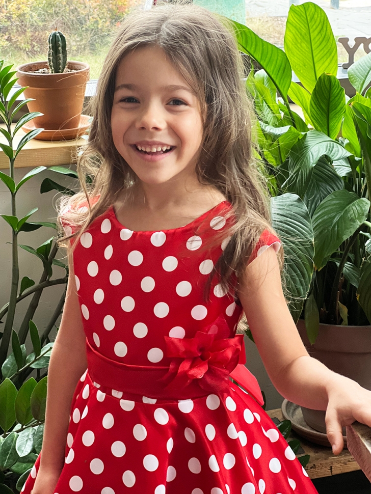 Платье для девочки нарядное БУШОН ST10, стиляги цвет красный, красный пояс, принт горошек 