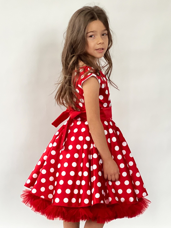 Платье для девочки нарядное БУШОН ST10, стиляги цвет красный, красный пояс, принт горошек 