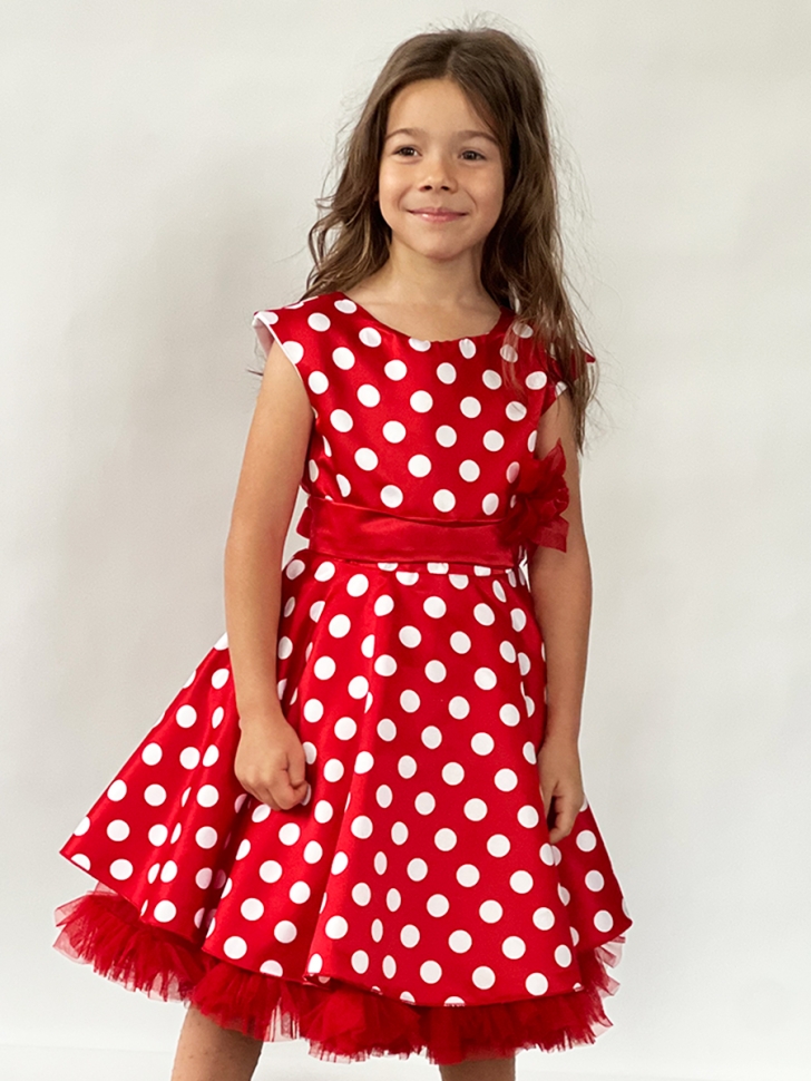 Платье для девочки нарядное БУШОН ST10, стиляги цвет красный, красный пояс, принт горошек 