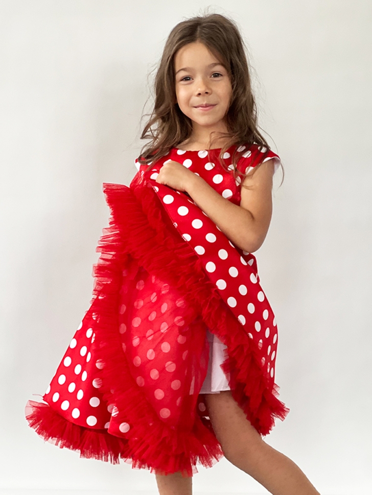 Платье для девочки нарядное БУШОН ST10, стиляги цвет красный, красный пояс, принт горошек 