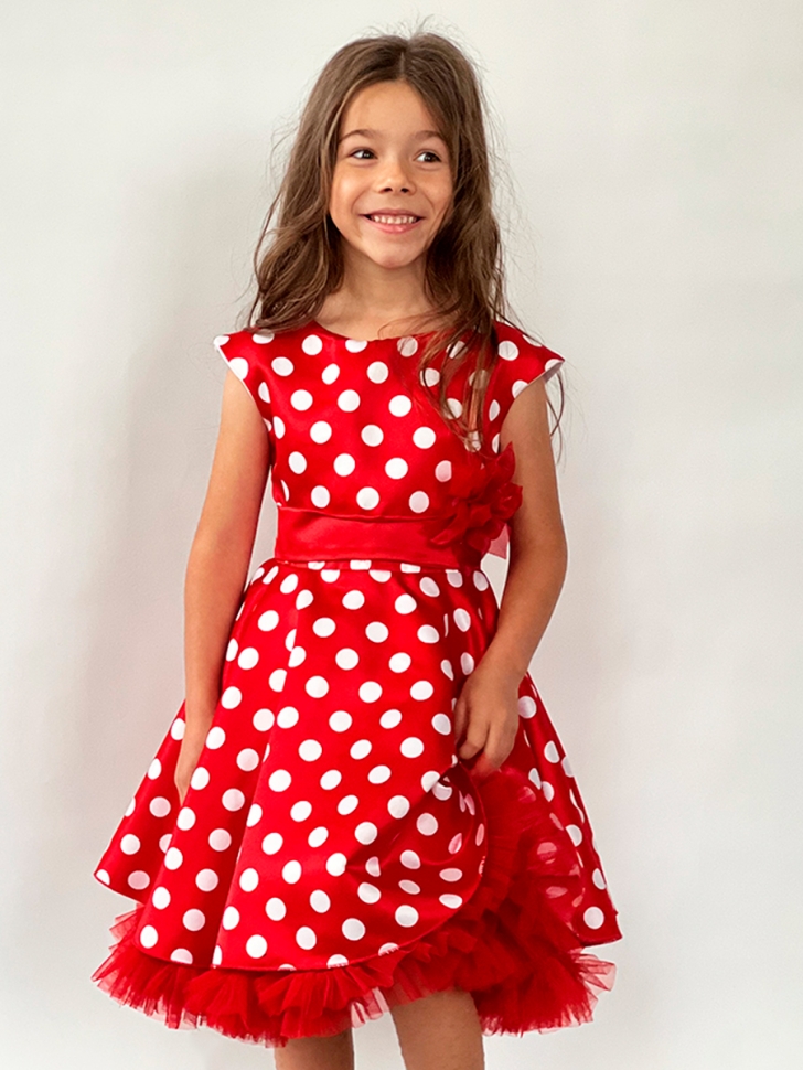 Платье для девочки нарядное БУШОН ST10, стиляги цвет красный, красный пояс, принт горошек 